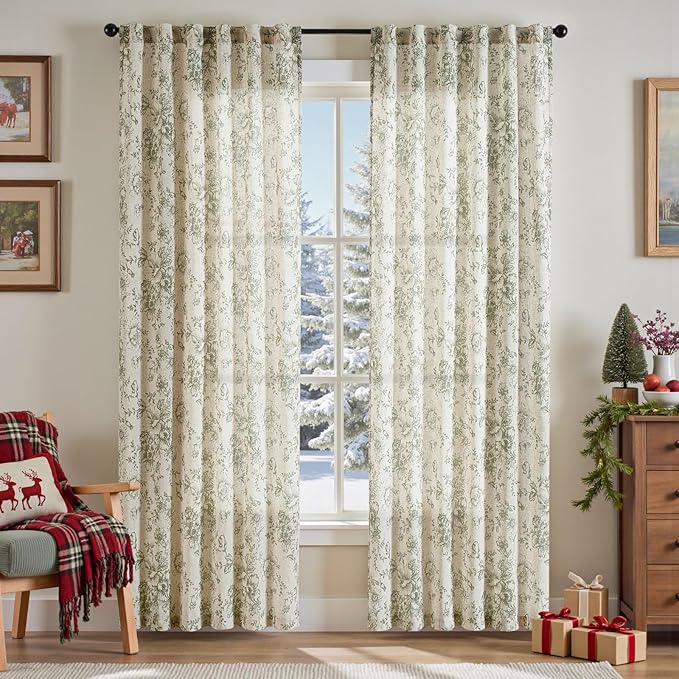 jinachan Linen Blend Floral Curtains for Living Room 84 Inch Length Christmas Sage Green Printed Curtain Rod Pocket Back Tab Farmhouse Peony Flower Patterned Drapes Bedroom Curtains Set 2 Panels