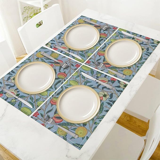 Vintage Fruit Placemats Set of 4, William Morris Retro Boho Flower Botanical Plant Place Mats, Heat Resistant Non Slip Cotton Linen Dining Table Mats for Home Kitchen Party 18x12 Inch