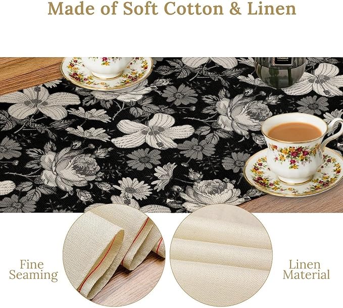Black Floral Table Runner, Abstract Vintage Black White Floral Plants Leaves Boho Dark Gothic Garden Table Runner for Indoor Outdoor Party Wedding Decor, 13x90inch