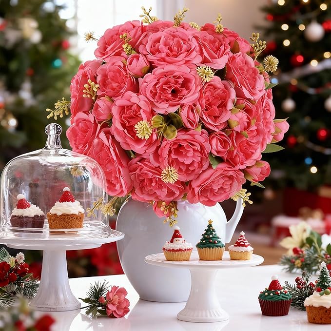 4 Packs Artificial Peonies Silk Flowers: Faux Peony Bouquet 4 Bundles, Fake Peonies Flowers Bulk for Centerpiece Table Wedding Party Home Decor for Vase Decoration (Rose Red)