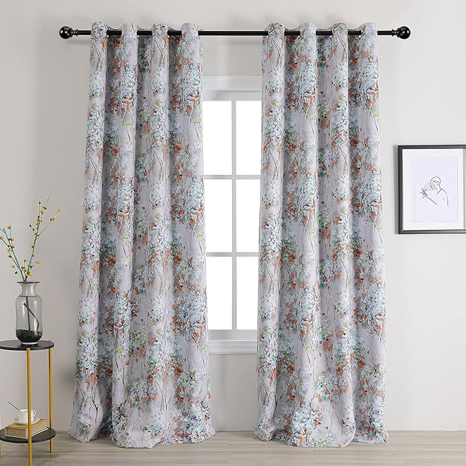 MYSKY HOME Floral Curtains 108 Inch Length 2 Panels for Living Room Bedroom Thermal Insulated Grommet Vintage Curtains, Orange and Green