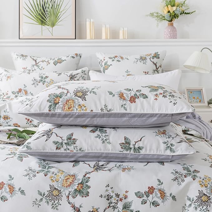 FADFAY Duvet Cover Set Twin XL Elegant Floral College Bedding Shabby Beige Bird Print Flower Quilt Cover Set 100% Cotton Soft Comforter Cover Set with Zipper Closure 3Pcs, Twin XL Size for Dorm Room