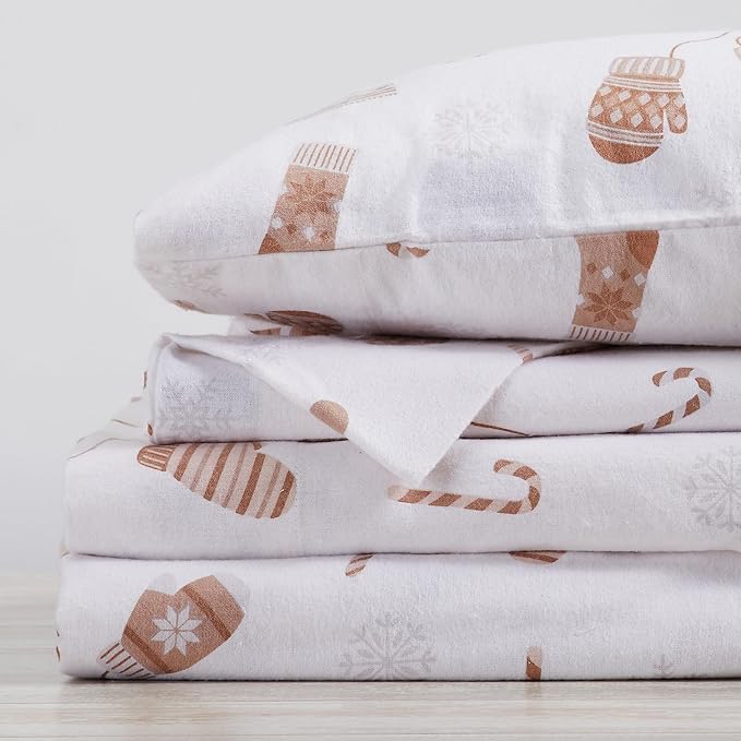 Market & Place 100% Cotton Queen Flannel Sheet Set | 4 Piece Deep Pocket Novelty Cozy Winter Bed Sheets | Double Brushed for Extra Softness & Comfort | Alpine Collection (Queen, Winter Mittens)