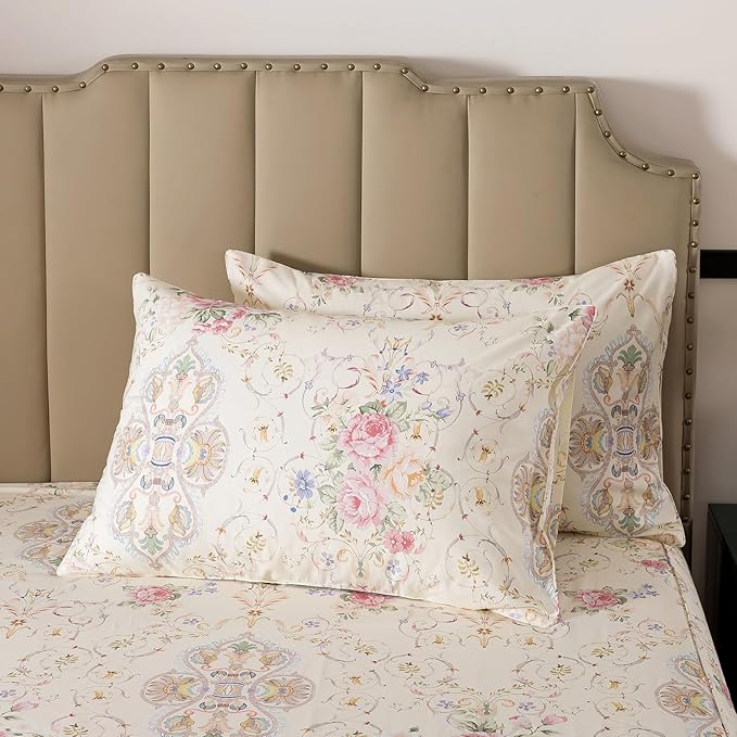 FADFAY 100% Cotton Pink Rose Floral 4-Piece Full Bed Sheet Set, Soft Breathable Cooling Sheets with Deep Pocket Fitted Sheet, Flat Sheet & Pillowcases, All Season Romantic Vintage Bedding