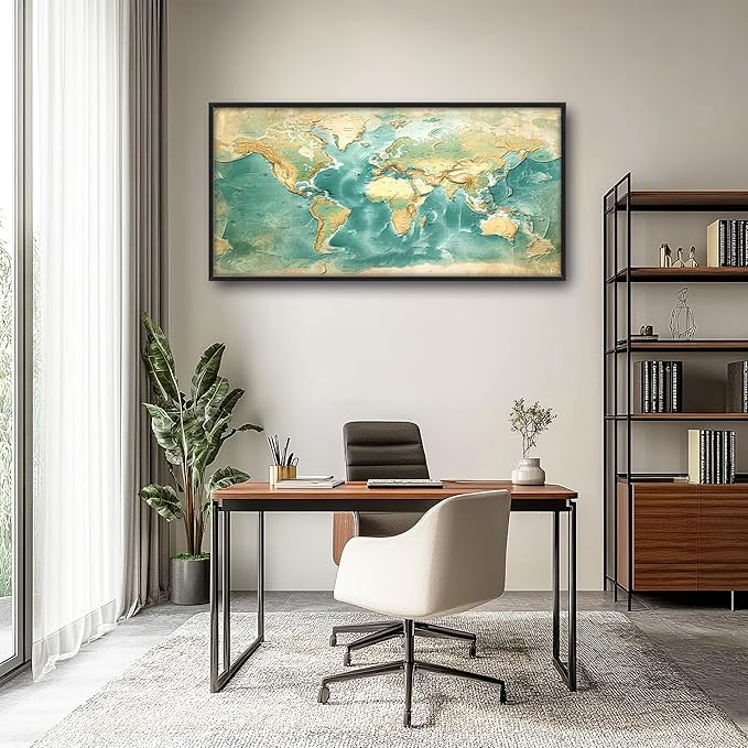 World Map Large Wall Art Framed Wall Decor for Living Room, Map Pictures Oversized Canvas Print Painting Modern Extra Large Framed Artwork for Bedroom Office Home Decor 60"x30"