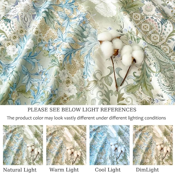 Zusbest Full Size Sheets Luxury Sage Green Floral Bed Sheet Set 100% Cotton, Satin Weave Soft Silky Breathable for Hot Sleepers American Country Style Vintage Flower Deep Pocket 17.5‘’ Bed Set 4Pcs