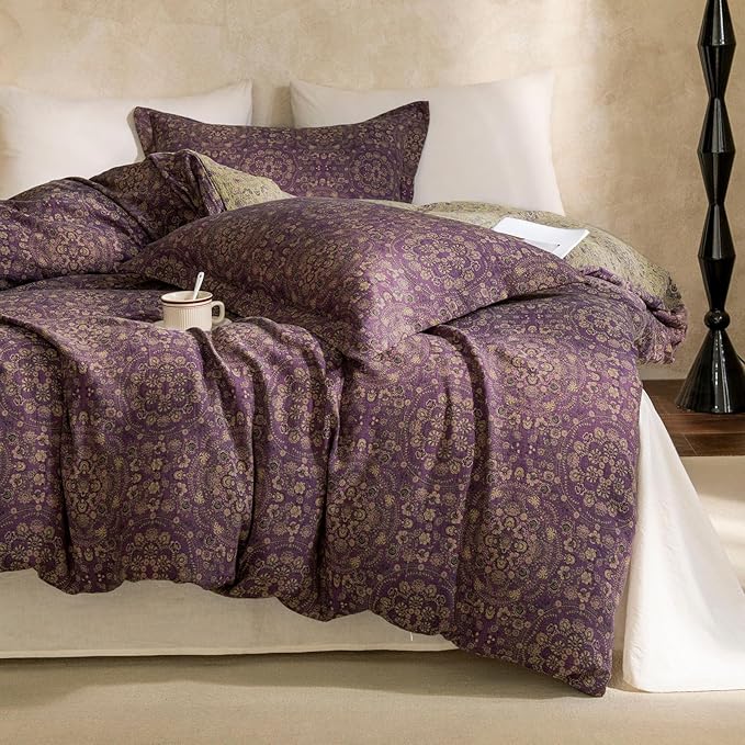 EAVD Soft 100% Cotton Muslin Yarn-Dyed Jacquard Textured Duvet Cover King Chic Shabby Purple Floral Duvet Cover with Zipper Closure Linen Like Gauze Floral Bedding Set with 2 Pillowcases