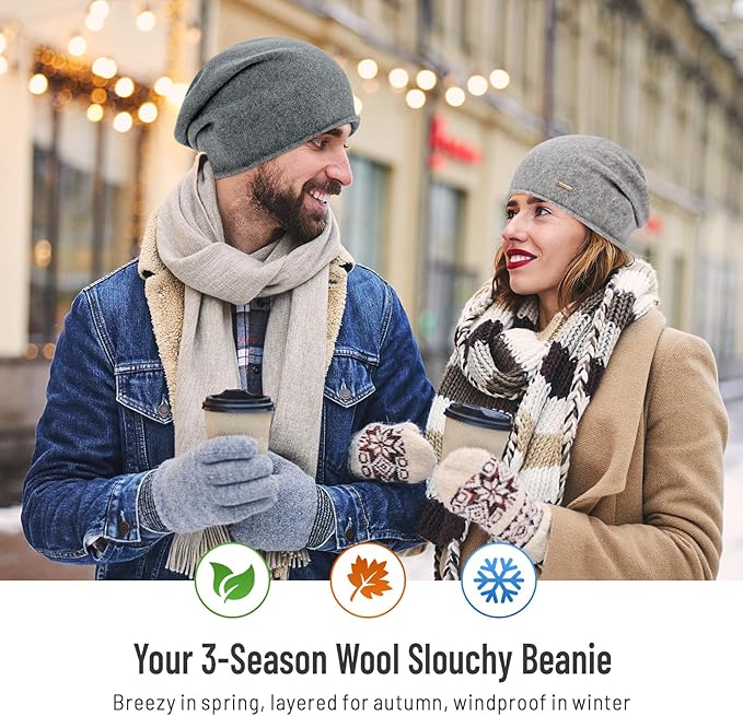 100% Wool Slouchy Beanie, Warm Beanie Hats for Women Breathable Knitting Skull Beanies Cap for Spring Fall Winter