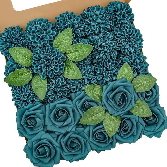 Artificial Flowers, 50pcs Dark Teal Artificial Rose for DIY Wedding Bouquets Centerpieces Arrangements, Dark Teal Rose and Dahlia Flowers with Stem for Bridal Shower Party Home Decorations