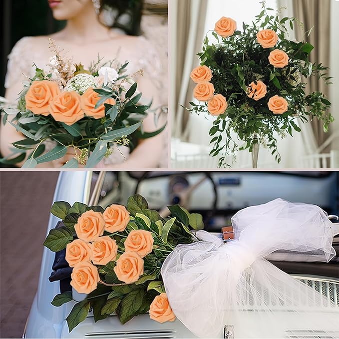 100PCS Orange Artificial Flowers Roses Real Looking Foam Fake Roses with Leaves and for DIY Wedding Bouquets Bridal Shower Centerpieces Party Decorations (Orange, 100)