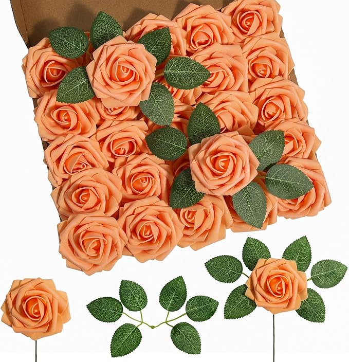 DuHouse 25Pcs Artificial Roses Flowers Fake Rose with Stems Real Touch Foam Flowers for DIY Wedding Bouquet Baby Shower Centerpiece Floral Arrangement Party Home Decor(Peach Fuzz)