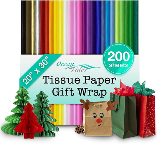 Ocean Tides 200 Sheets (20 x 30 Inches) Christmas Wrapping Paper – Gift Wrapping Tissue Paper Bulk for Crafts, Birthdays, & Holidays – Colored Tissue Papers for Gift Bags & Decorations, Assorted