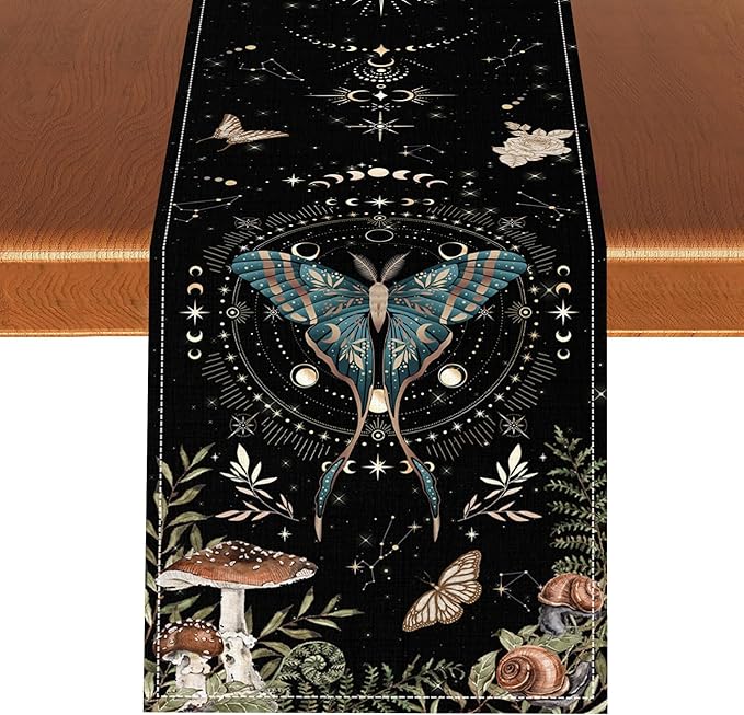 Gothic Moth Table Runner, Boho Gothic Sun Moon Phase Mystical Mushroom Floral Witchy Farmhouse Coffee Table Center Decor for Home Kitchen Dining Patio Holiday Party Table Decorations 13x108 inches