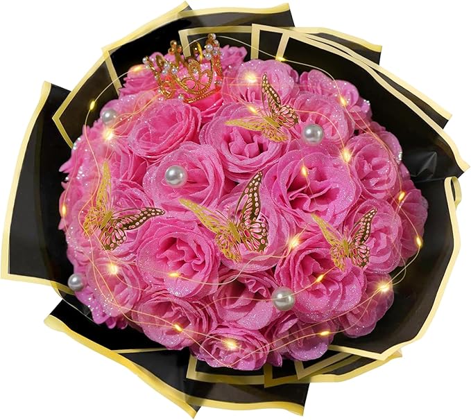 Pink Glitter Roses Bouquet, 36 Pcs Shiny Glitter Flowers Bouquet, Everlasting DIY Artificial Roses Bouquet for Christmas, Birthday, Anniversary, Wedding, Engagement
