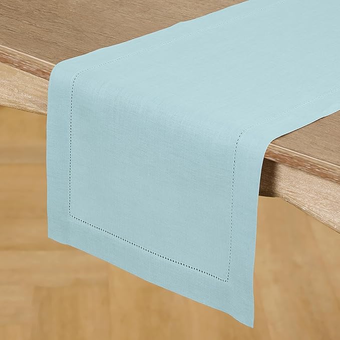 Solino Home Linen Aqua Blue Table Runner 120 Inches Long - 100% Pure Linen Hemstitch 14 x 120 Inch Table Runner for Dining, Spring, Easter, Winter - Classic Hemstitch