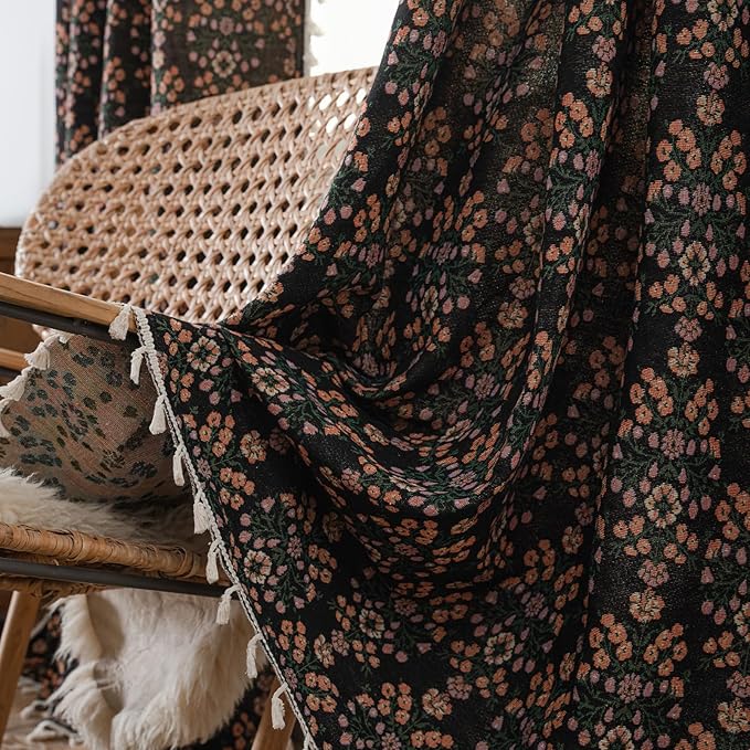 ENJOYBRIDAL Floral 96 Inch Curtains 2 Panel Set Boho Jacquard Drapes Black Living Room Semi Sheer Long Window Curtains Cottagecore Farmhouse Bedroom Chic Decor Rod Pocket Tassel Window Treatments