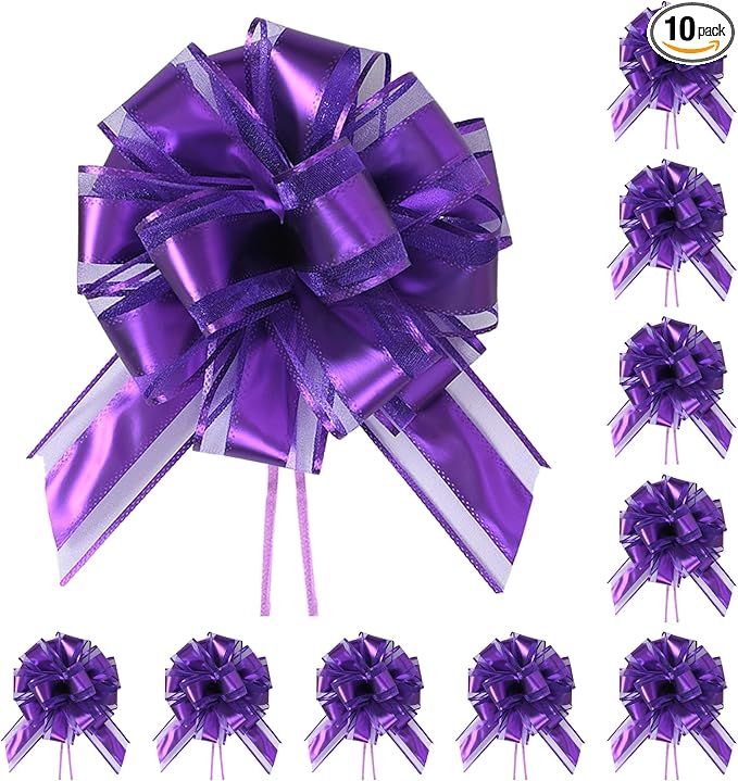 10-Pack Amethyst Color Pull Bows for Gift Wrapping - 6 Inch Reusable Ribbon Bows, Large Instant Floral Decor Bows for Wedding, Christmas, Birthday Decor, Gift Basket & Party Decorations