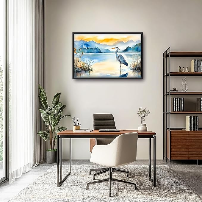 Heron Bird Large Decor Wall Art Mountain Landscape Framed Pictures for Living Room, Oversized Canvas Print Painting Modern Extra Large Framed Artwork for Bedroom Office Home Decor 36"x24"