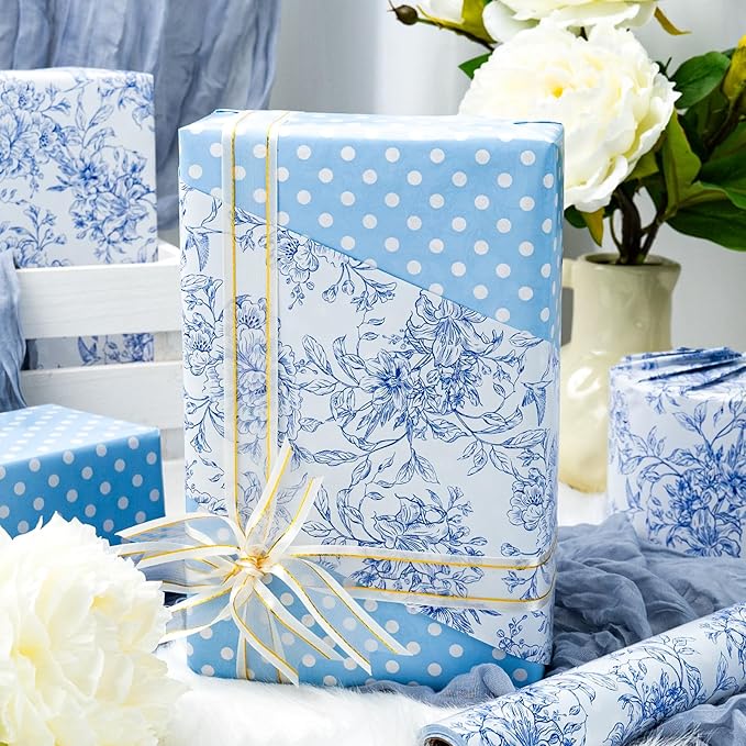 Burymento Blue and White Porcelain Flower Wrapping Paper, Reversible Blue Dot Design Gift Wrap for Baby Shower, Birthday, Valentines, Mothers day, Graduation, Wedding, Fathers day, Christmas (17 Inch X 32.8 Feet)