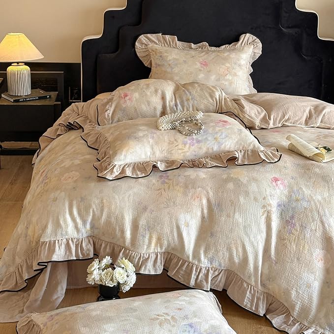 VM VOUGEMARKET Ruffle Duvet Cover Queen Muslin Cotton Vintage Flower Duvet Cover Soft Breathable Linen Like Gauze Bedding Set for Girls-Ivory