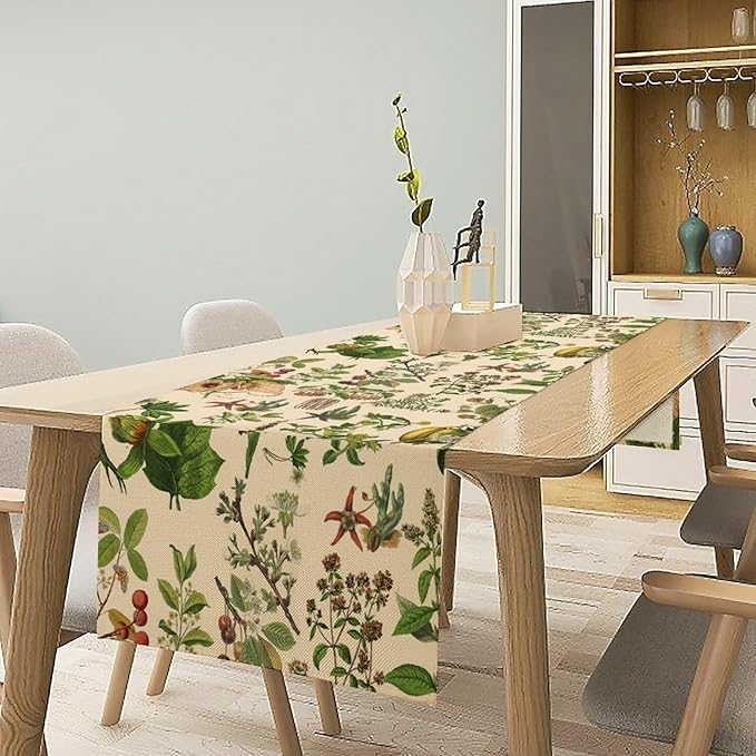 Vintage Botanical Table Runner Rustic Wildflower Plants Herbs Retro Boho Wild Floral Ferns Green Leaf Spring Summer Seasonal Dinner Runner for Home Kitchen Cabin Holiday Party Decor 13x108in