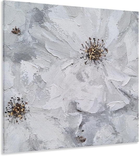 SYGALLERIER White and Gray Flower Blooms Wall Art - Handcrafted Floral Canvas with Gold Foil Embellishments Modern Flower Wall Decor for Livingroom Bedroom Bathroom 40X40