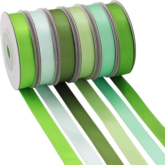 Sage Green Satin Ribbon Solid Fabric Ribbons 3/8'' inch Double-Faced Satin Ribbon for Gift Wrapping, Wedding, Birthday, Baby Shower Decor Floral Bouquet Crafts- 6 Colors X 5 Yards Each