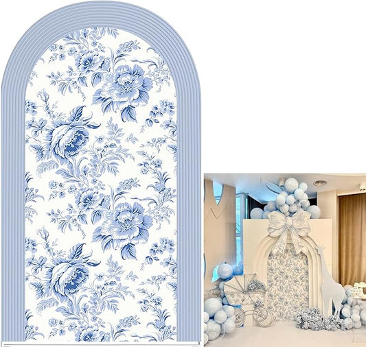 Blue and White Floral Arch Backdrop Cover Vintage Peony Arch Stand Spandex Cover Elegant Toile de Jouy Wedding Baby Shower Birthday Party Decoration French Country Style Background (G4229,6FT)