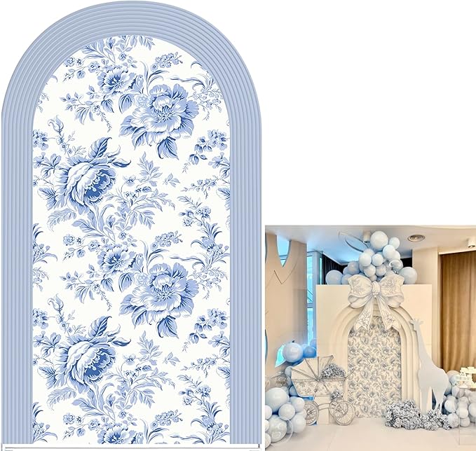 Blue and White Floral Arch Backdrop Cover Vintage Peony Arch Stand Spandex Cover Elegant Toile de Jouy Wedding Baby Shower Birthday Party Decoration French Country Style Background (G4229,5FT)