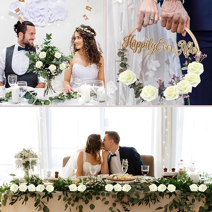 100PCS Artificial Flowers Milk White Roses Real Looking Foam Fake Roses with Leaves and for DIY Wedding Bouquets Bridal Shower Centerpieces Party Decorations (Ivory, 100)