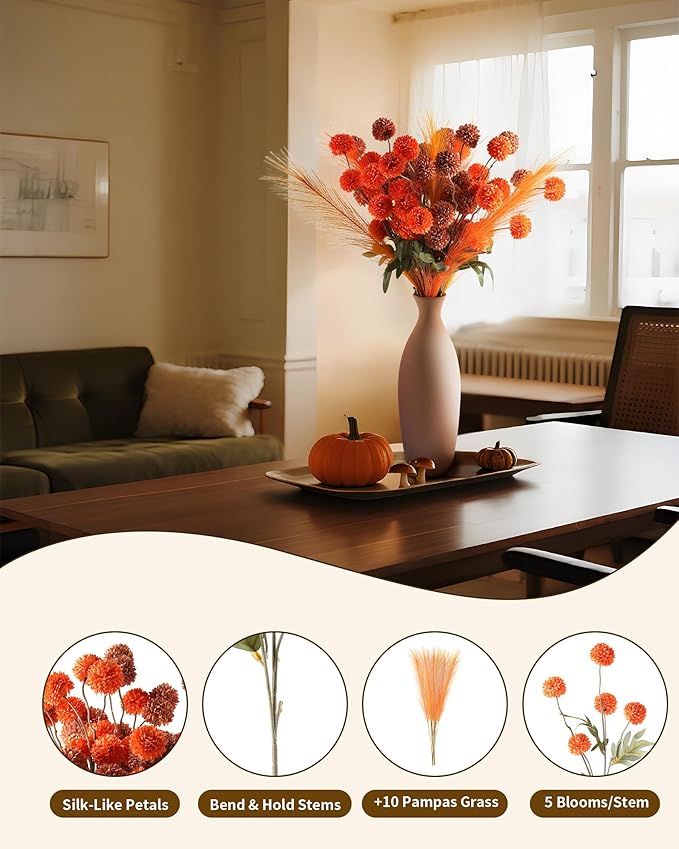 Faux Fall Flowers Artificial Mums 10 Stems +10 Branches Pampas Grass,Long Stems Silk Flowers Autumn Home Decor,Fake Floral Pompon For Table Vase Filler,Halloween Centerpieces,Wedding Arrangements