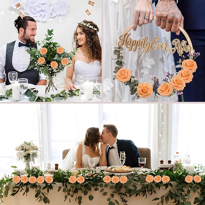 200PCS Orange Artificial Flowers Roses Real Looking Foam Fake Roses with Leaves for DIY Wedding Bouquets Bridal Shower Party Decorations (Orange, 200)