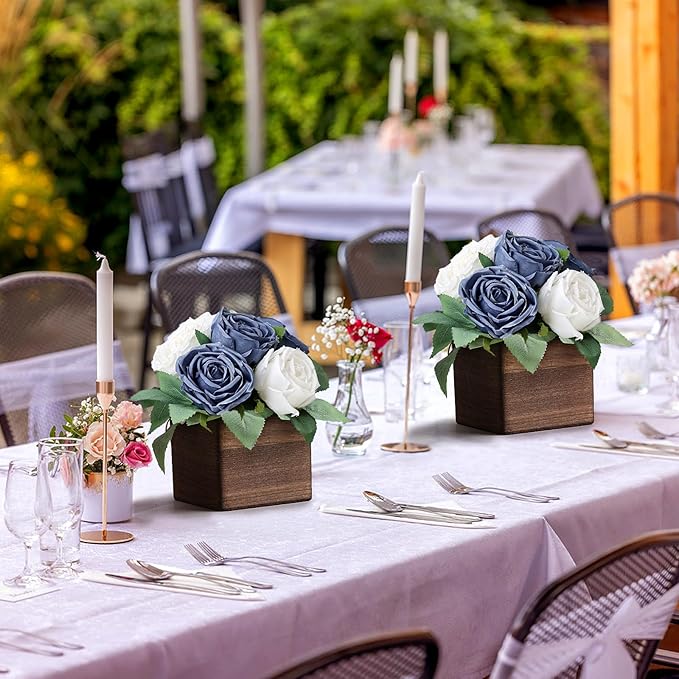 Dining Table Centerpiece Set of 3 - Pre-Made Aritifial Rose with Wooden Vase Fake Floral Arrangment Faux Flower for Wedding Bridal Tea Party Event Decorations - Navy Blue & White