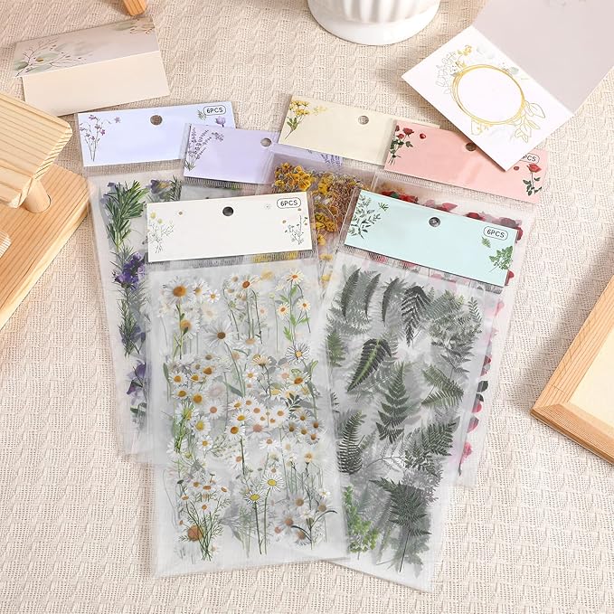Angoily Vintage Floral Stickers Pet Transparent Flower Decals for Scrapbooking Journals Crafts Planner Decoration with Diverse Botanical Designs