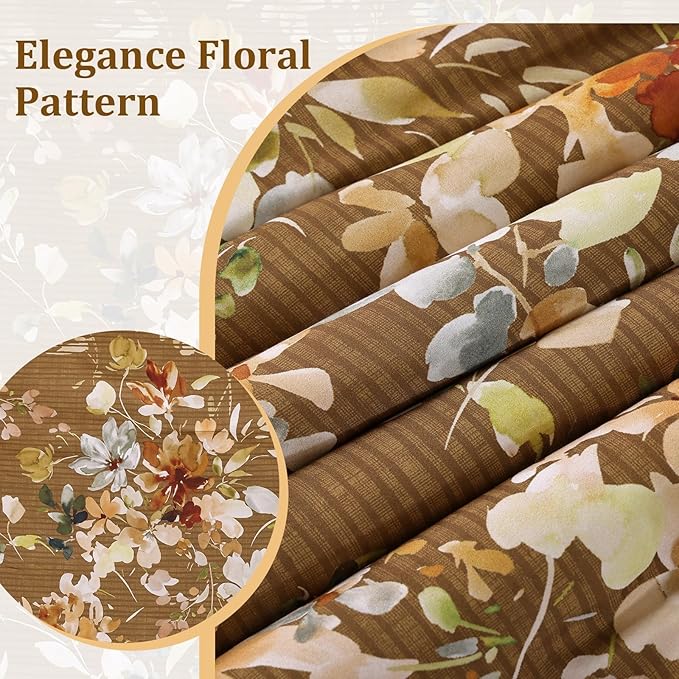Dobuyly Fall King Size Comforter Set, 7 Pieces Brown Floral Comforter Set, Bed in a Bag King with Botanical Flowers Pattern, Farmhouse Bedding Set with Sheets, Pillowcases & Shams