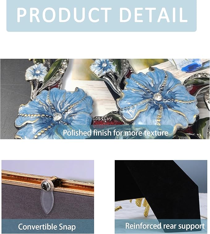 Vintage Floral Picture Frames Luxury Unique Ornate Antique Metal Photo Frame of HD Glass for Tabletop/Wall Display Gifts for Women (Blue Flowers, 5X7)