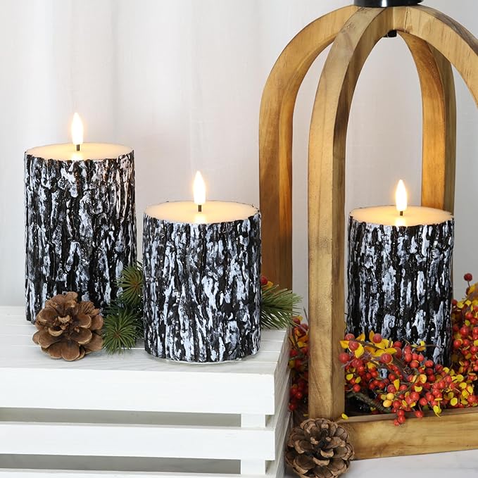Eywamage Bark Flameless Pillar Candles with Remote, Farmhouse Wood LED Candles Battery Operated Flickering Christmas Decor Set of 3