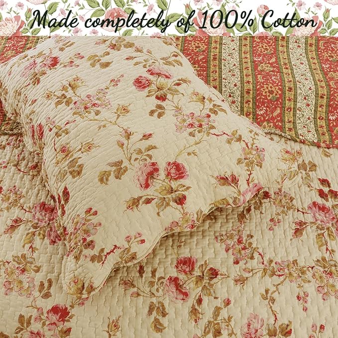 Cozy Line Home Fashions Rose Garden Vintage Floral Pink Khaki 100% Cotton Reversible Quilt Bedding Set, Coverlet Bedspread (Vintage Rose, Queen - 3 Piece)