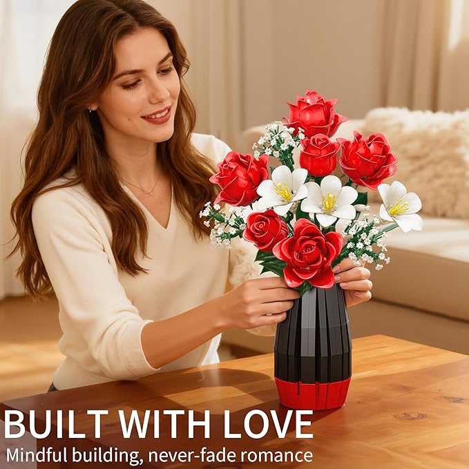 Rose Flower Building Blocks with Vase Set for Adults, Christmas Artificial Flower Bouquet Botanical Collection Bricks Anniversary Birthday Gifts for Her Women Mom Grandma Wife Men Home Decor -1077PCS