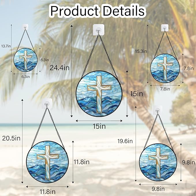 Christian Gifts for Women - Blue Cross Stained Glass Window Hanging Jesus Easter Ocean Waves Sun Catcher Garden Religion Decor Mother's Day Catholic Gift for Men Grandma Mom Her Nana 9.8"