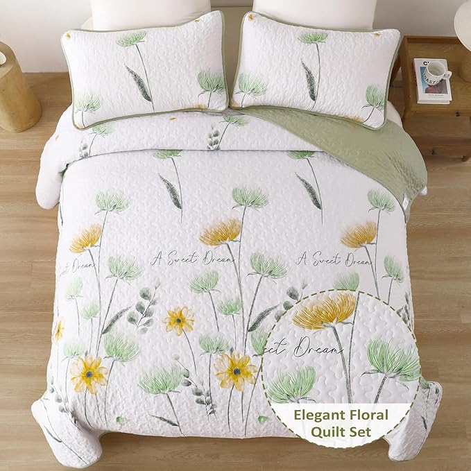 Dinjoy King Size Quilt Set Floral,3 Piece Green and Yellow Farmhouse Bedding Set Lightweight Flower Bedspreads White Coverlet Bed Sets Cute Boho King Quilts for Fall All Season(110"x90")