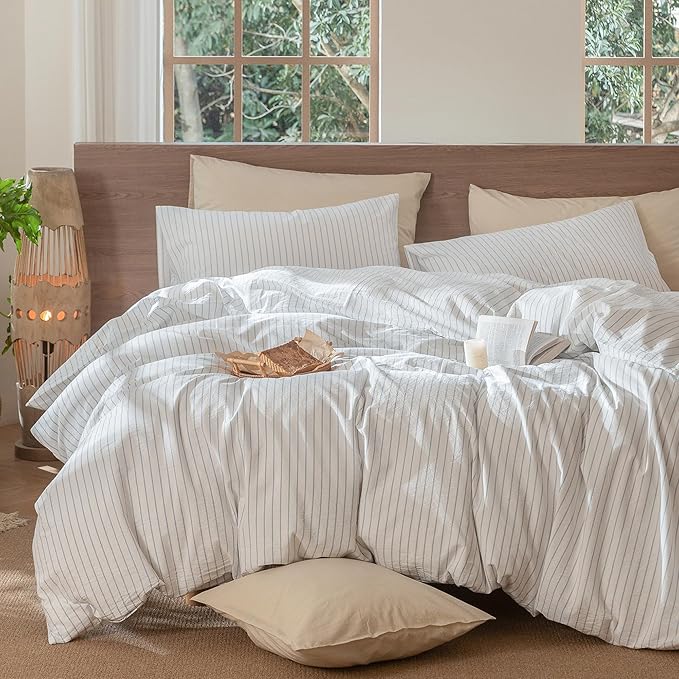 MooMee Striped Duvet Cover Set 100% Washed Cotton Linen Like Textured Breathable Durable Soft Comfy (White Cornflower Blue Wide Stripes, Super King 108"x98")