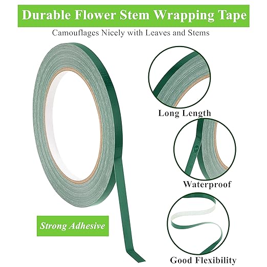 Green Floral Tape 2 Pack 1/4" Flower Stem Wrap Adhesive Tape for Bouquet Stem Wrapping Wedding Bouquet Tape for Binding Flowers and Floral Crafts (2PCS, 1/4”x98FT/Roll)
