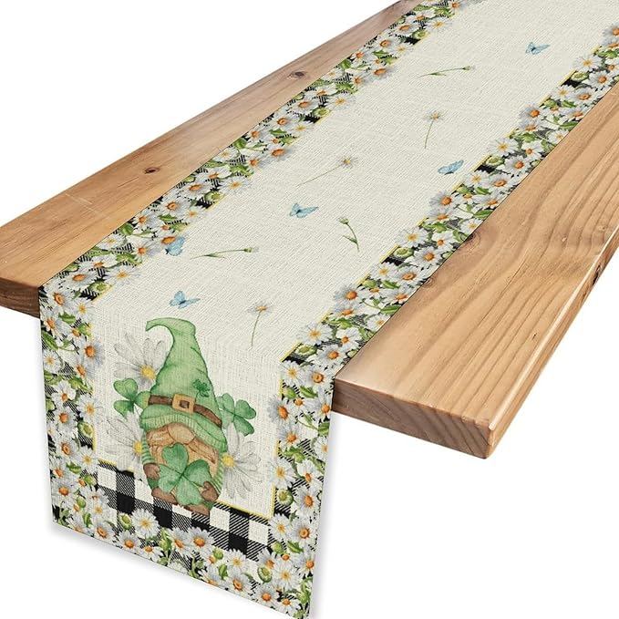 Daisy Gnome Table Runner, Butterfly Truck Buffalo Plaid Yellow Summer Farmhouse Decor for Family Kitchen Farmhouse Holiday Party Table Decorations Indoor Outdoor 13x72 inch