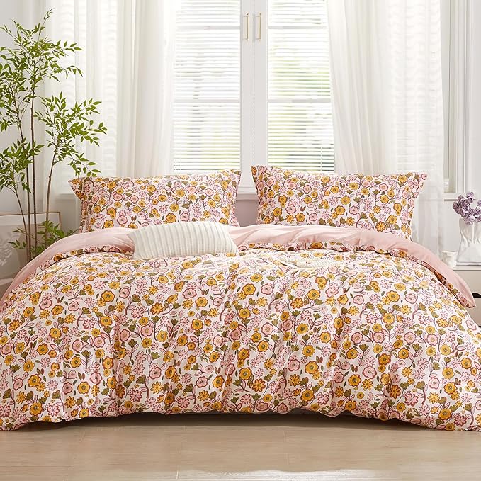 SAPHREAS Pink Floral Duvet Cover Set Queen Size Garden Style Yellow Flowers Bedding Comforter Cover Set 100% Cotton 1 Duvet Cover 90"x90" 2 Pillow Shams, Comforter Not Included