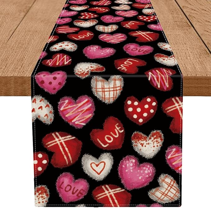 Valentines Day Decorations Table Runner Love Hearts Black Kitchen Dining Table Decor Holiday Anniversary Indoor Outdoor Party Suppies 60×13 Inch
