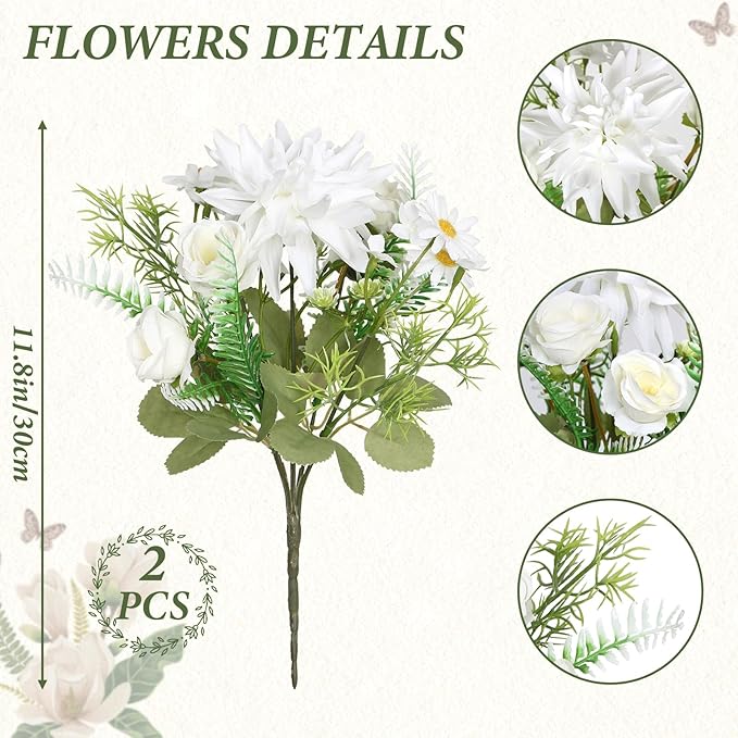 2PCS Artificial Flowers Dahlia Bouquet Fake Flowers White Silk Roses Daisies Faux Floral Arrangements for Dining Table Centerpieces for Kitchen Bridal Bouquet Wedding Party Home Decor