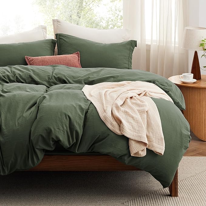 Bedsure Duvet Cover King Size with Fitted Sheet - 4 Pieces Prewashed Cotton-Like Extra Soft Bedding Set, Includes 1 Duvet Cover 104x90 Inches, 2 Pillow Shams, 1 Fitted Sheet, Olive Green