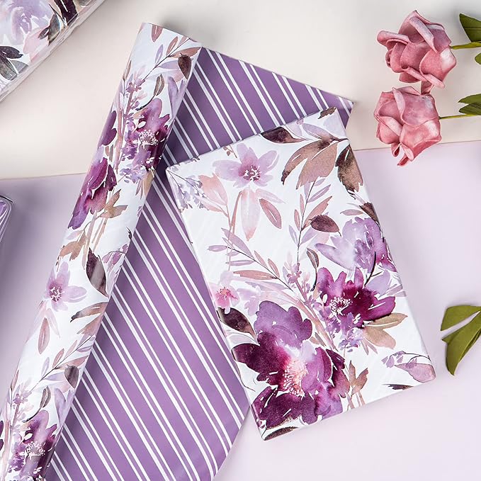 WRAPAHOLIC 30 Inch Reversible Floral Wrapping Paper - 30 Inch X 33 Feet - Purple Flower Wrapping Paper for Wedding, Birthday, Mothers Day, Baby Shower, Anniversary, Bridal Shower