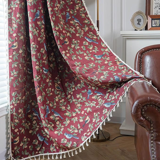 ENJOYBRIDAL Floral 96 Inch Curtains for Living Room Maroon Drapes Bird Pattern Jacquard Long Window Curtain Panels Rod Pocket Bedroom Farmhouse Boho Tassel Semi Blackout 2 Panels Window Treatments